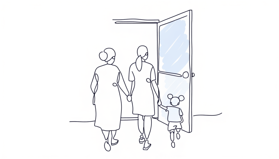 치과 문을 나서는 세 가족의 뒷모습 라인아트